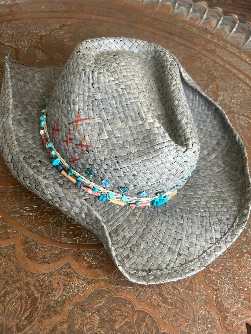 Upcycled Woven Straw Fedora Cowgirl hat with Turquoise Bead Trim